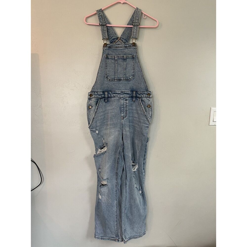 Love Fire Distressed Light Wash Jean Overalls Size S